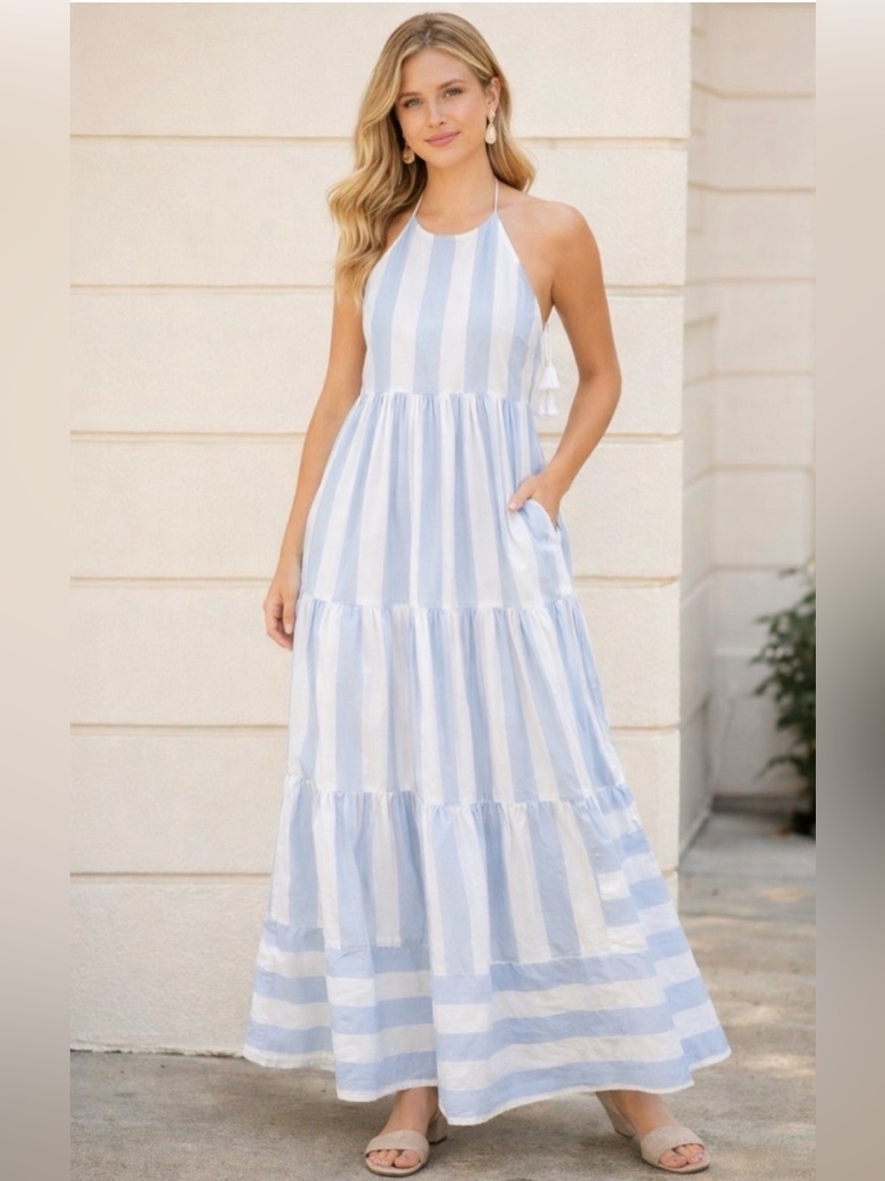 Crown & Ivy Blue & White Striped Halter Top Maxi Dress, size M